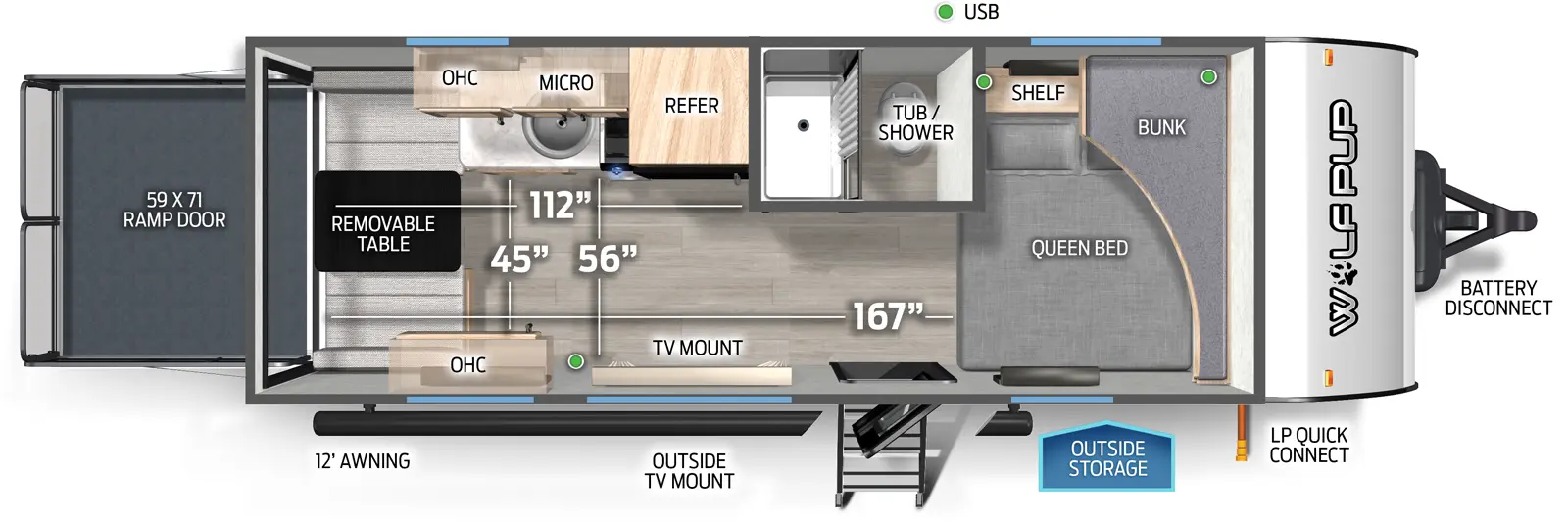 The Cherokee Black Label 18RJBWBL floorplan is a toy hauler that has one entry and zero slide outs. Exterior features include: fiberglass exterior and 12' awning. Interiors features include: front bedroom.